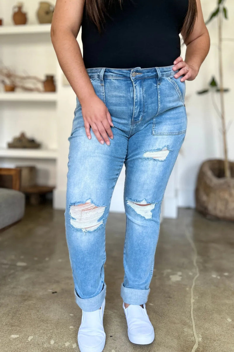 Judy Blue Full Size Distressed Straight Jeans with Patch Pockets - Love Salve