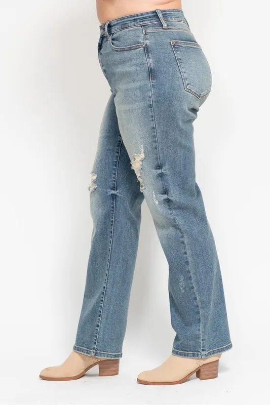 Judy Blue Full Size High Waist Distressed Dad Jean Plus Size - Love Salve