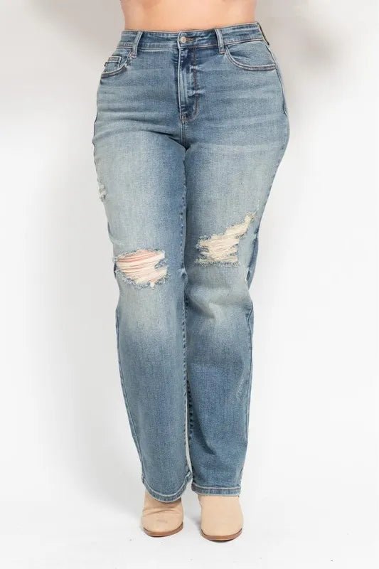 Judy Blue Full Size High Waist Distressed Dad Jean Plus Size - Love Salve