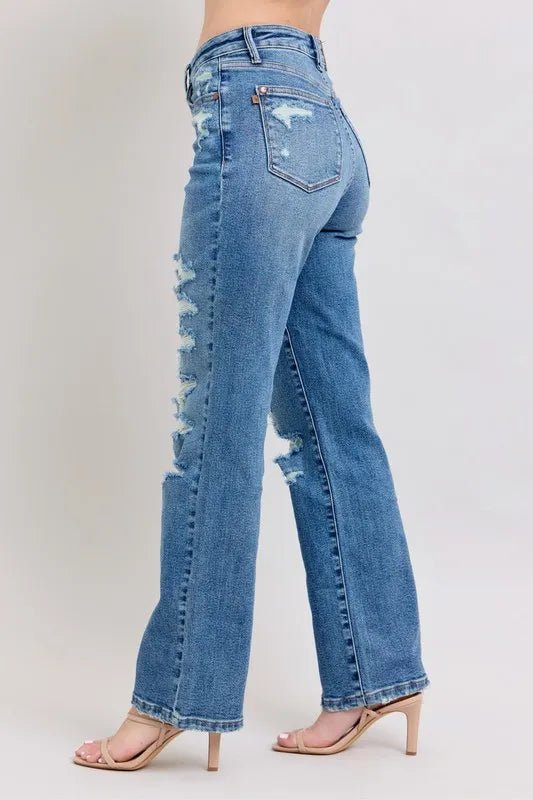 Judy Blue Full Size High Waist Heavy Destroy Straight Jeans Plus Size - Love Salve