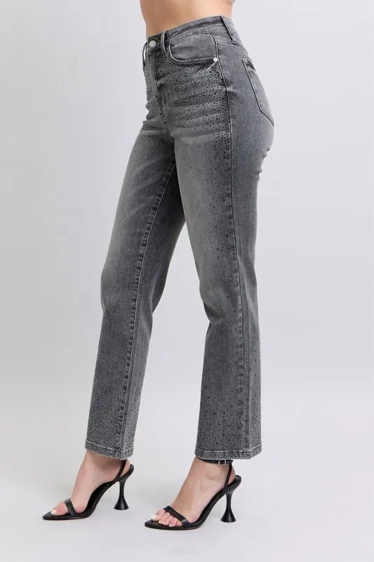 Judy Blue Full Size High Waist Rhinestone Straight Jeans Plus Size - Love Salve