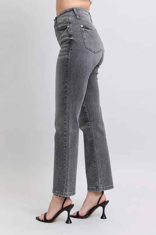 Judy Blue Full Size High Waist Rhinestone Straight Jeans Plus Size - Love Salve