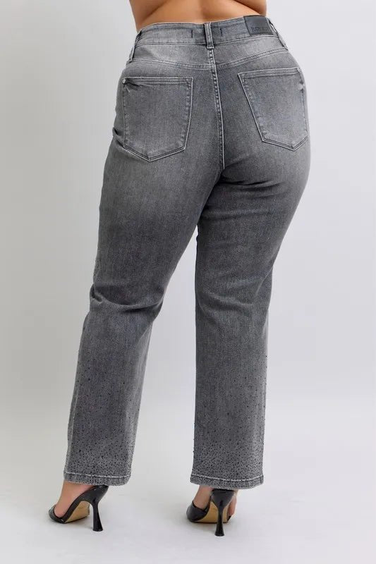 Judy Blue Full Size High Waist Rhinestone Straight Jeans Plus Size - Love Salve