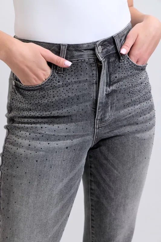 Judy Blue Full Size High Waist Rhinestone Straight Jeans Plus Size - Love Salve