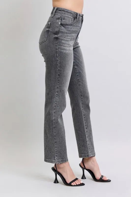 Judy Blue Full Size High Waist Rhinestone Straight Jeans Plus Size - Love Salve