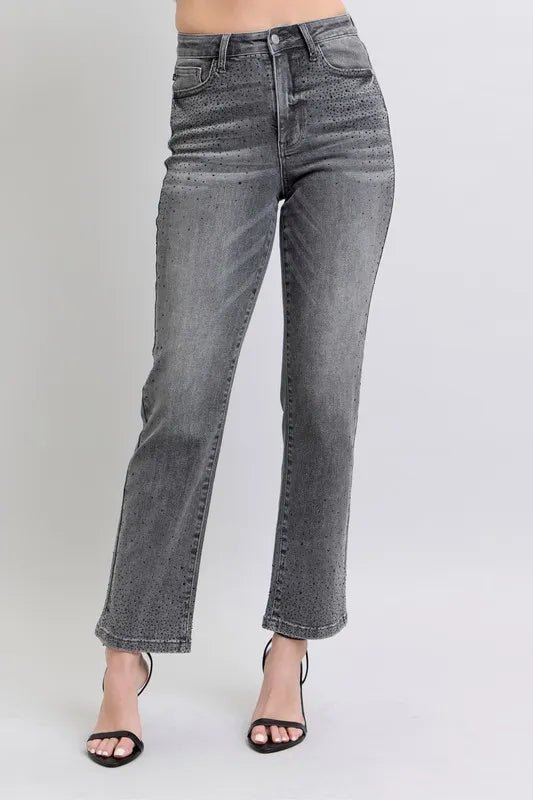 Judy Blue Full Size High Waist Rhinestone Straight Jeans Plus Size - Love Salve
