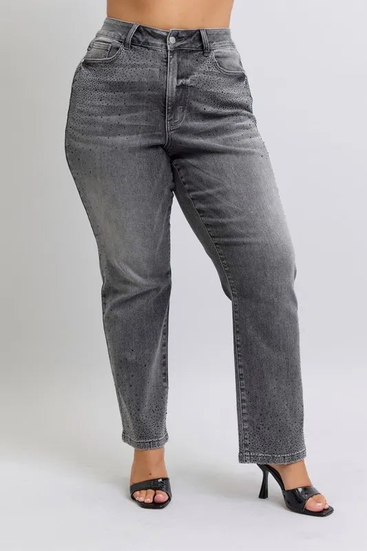Judy Blue Full Size High Waist Rhinestone Straight Jeans Plus Size - Love Salve