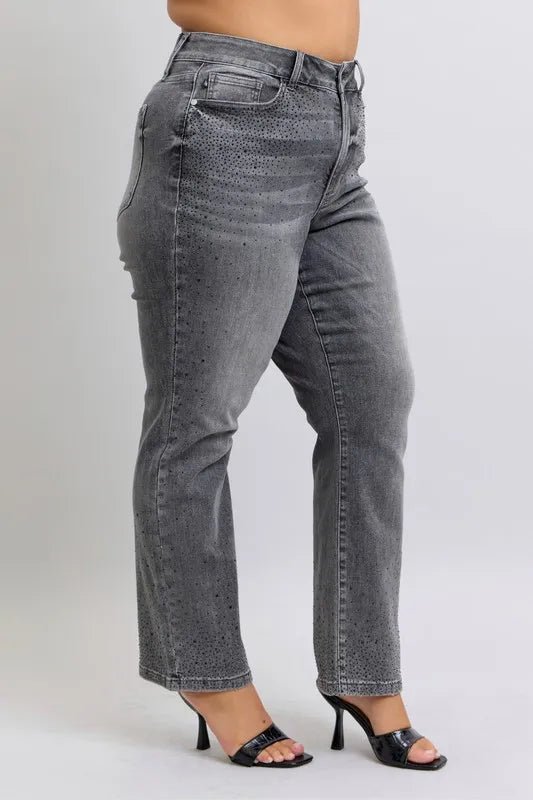 Judy Blue Full Size High Waist Rhinestone Straight Jeans Plus Size - Love Salve