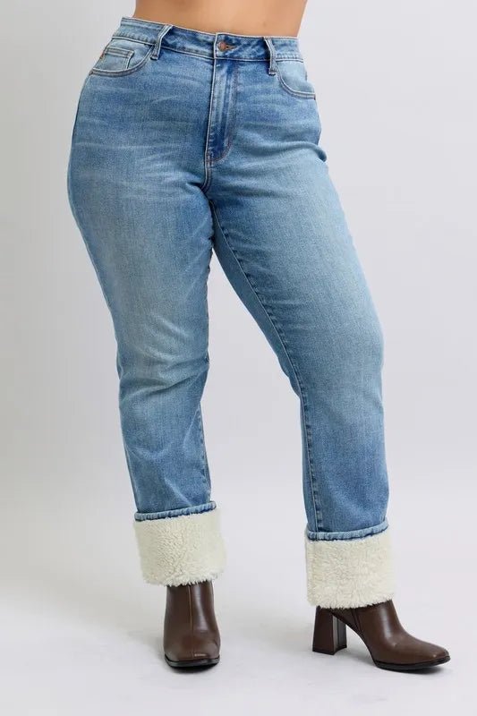 Judy Blue Full Size High Waist Shearling Cuff Straight Plus Size Pants - Love Salve