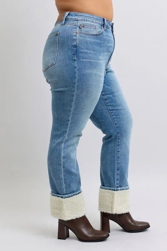 Judy Blue Full Size High Waist Shearling Cuff Straight Plus Size Pants - Love Salve