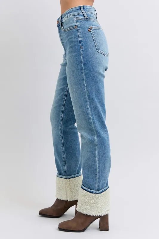 Judy Blue Full Size High Waist Shearling Cuff Straight Plus Size Pants - Love Salve