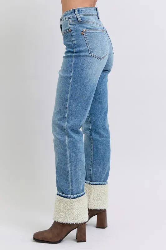 Judy Blue Full Size High Waist Shearling Cuff Straight Plus Size Pants - Love Salve