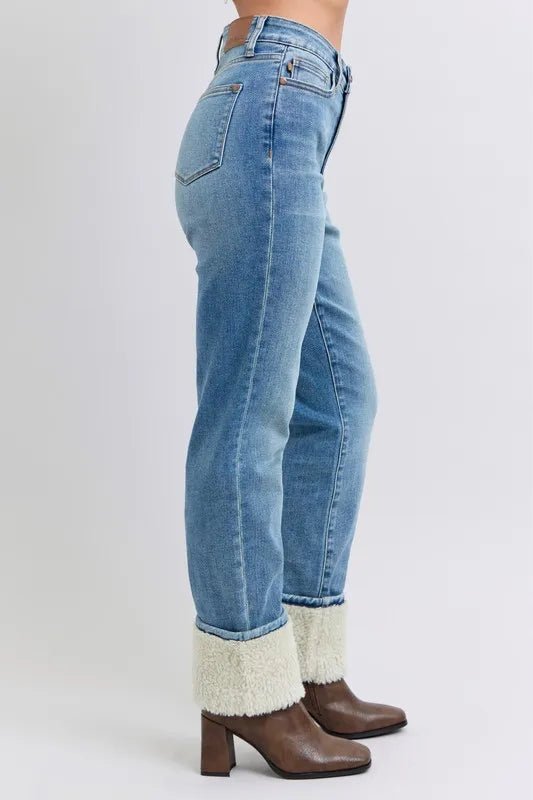 Judy Blue Full Size High Waist Shearling Cuff Straight Plus Size Pants - Love Salve
