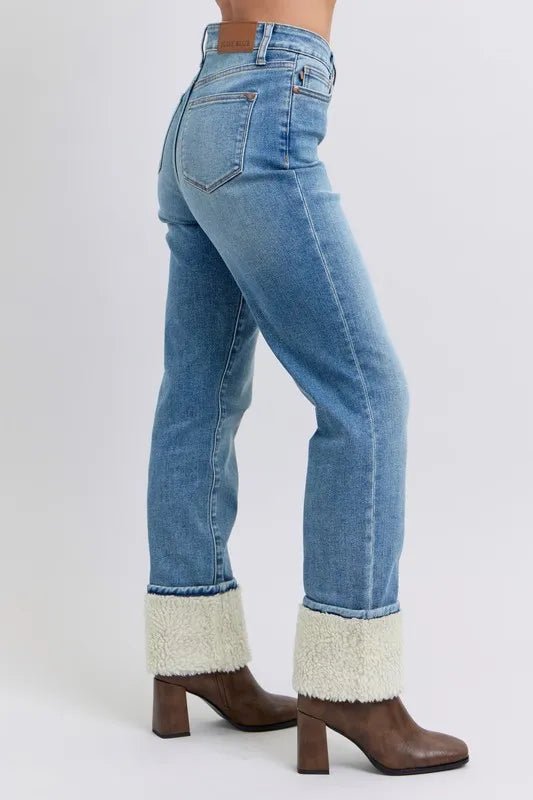 Judy Blue Full Size High Waist Shearling Cuff Straight Plus Size Pants - Love Salve