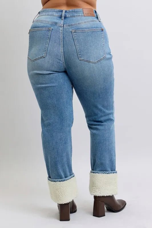 Judy Blue Full Size High Waist Shearling Cuff Straight Plus Size Pants - Love Salve