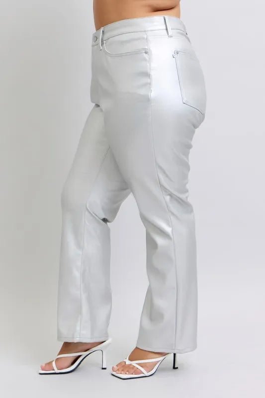 Judy Blue Full Size High Waist Silver Faux Leather Pants Plus Size - Love Salve