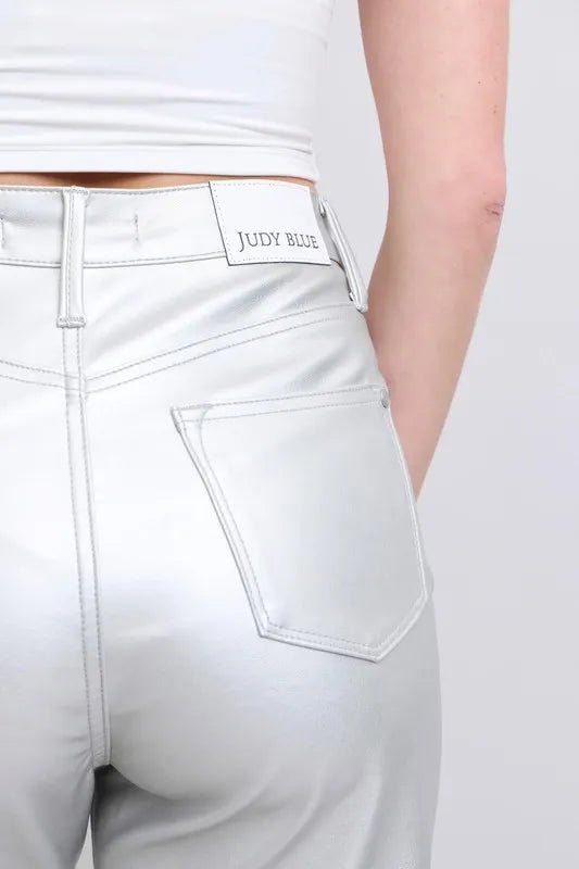 Judy Blue Full Size High Waist Silver Faux Leather Pants Plus Size - Love Salve
