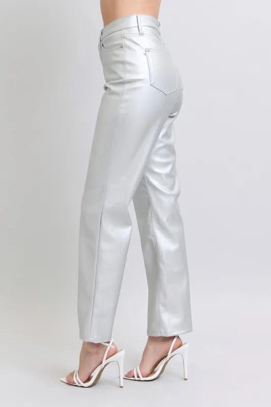 Judy Blue Full Size High Waist Silver Faux Leather Pants Plus Size - Love Salve