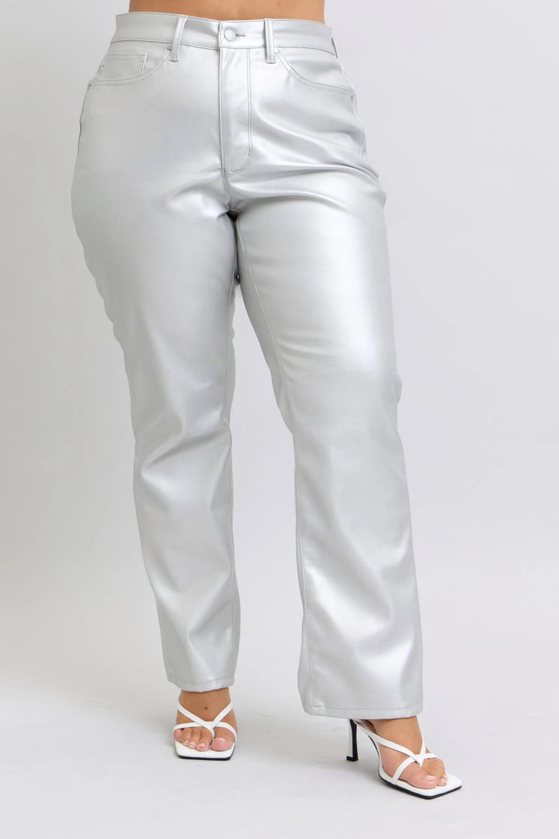 Judy Blue Full Size High Waist Silver Faux Leather Pants Plus Size - Love Salve