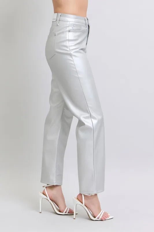 Judy Blue Full Size High Waist Silver Faux Leather Pants Plus Size - Love Salve