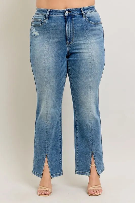 Judy Blue Full Size High Waist Vintage Wash Front Seam Slit Plus Size - Love Salve