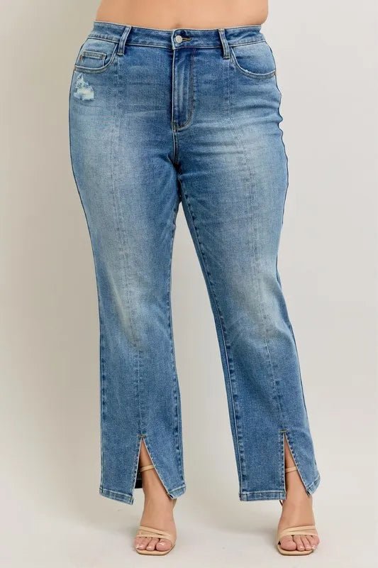 Judy Blue Full Size High Waist Vintage Wash Front Seam Slit Plus Size - Love Salve