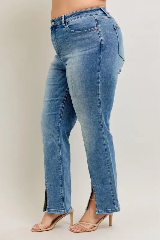Judy Blue Full Size High Waist Vintage Wash Front Seam Slit Plus Size - Love Salve