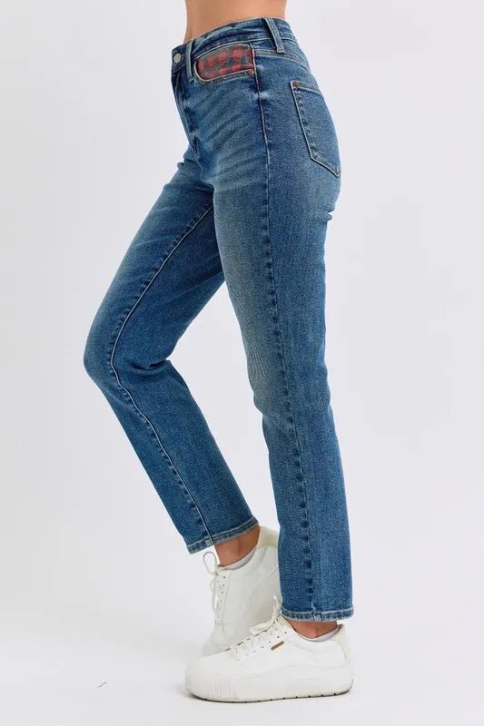 Judy Blue Full Size HW Plaid Patch Slim Fit Jeans Plus Size - Love Salve