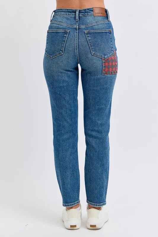 Judy Blue Full Size HW Plaid Patch Slim Fit Jeans Plus Size - Love Salve