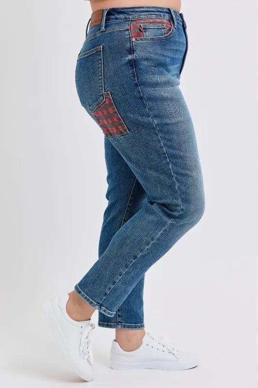 Judy Blue Full Size HW Plaid Patch Slim Fit Jeans Plus Size - Love Salve