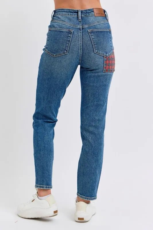 Judy Blue Full Size HW Plaid Patch Slim Fit Jeans Plus Size - Love Salve
