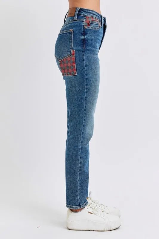 Judy Blue Full Size HW Plaid Patch Slim Fit Jeans Plus Size - Love Salve