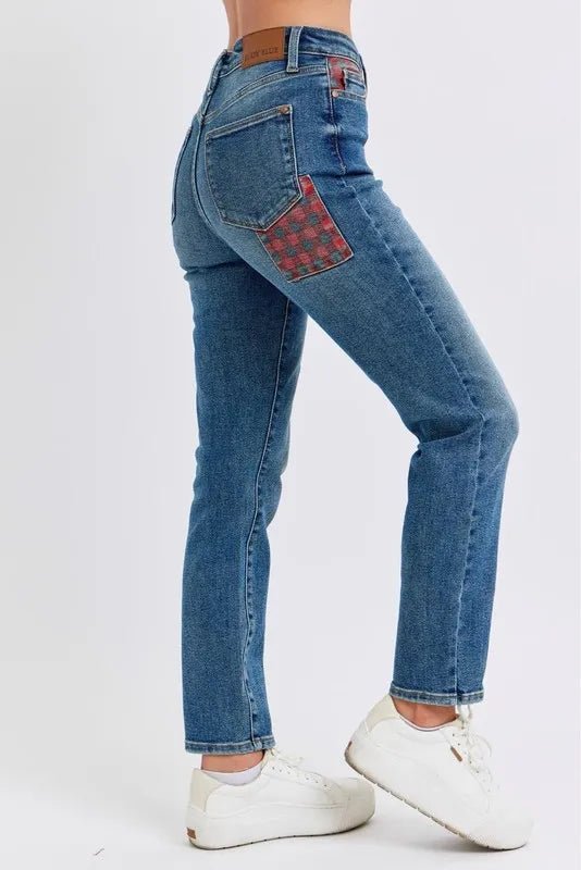 Judy Blue Full Size HW Plaid Patch Slim Fit Jeans Plus Size - Love Salve