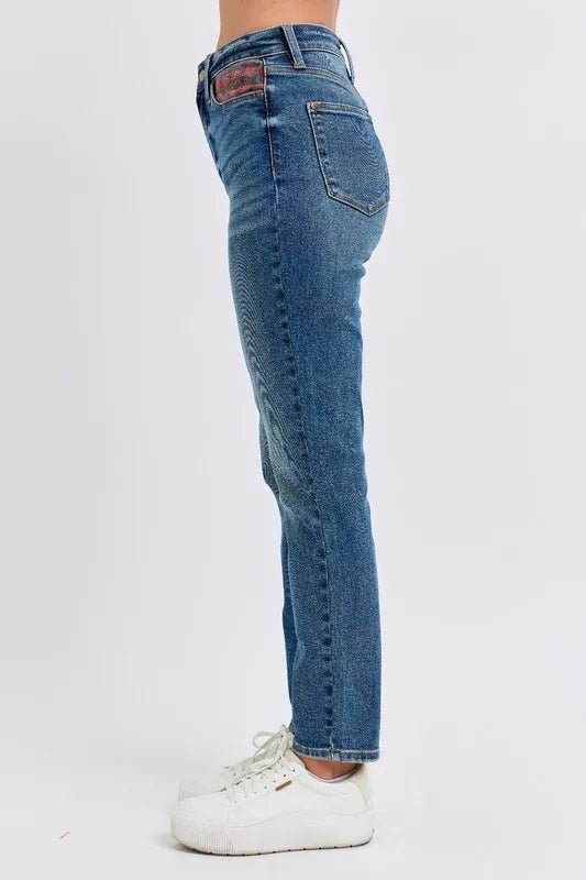Judy Blue Full Size HW Plaid Patch Slim Fit Jeans Plus Size - Love Salve