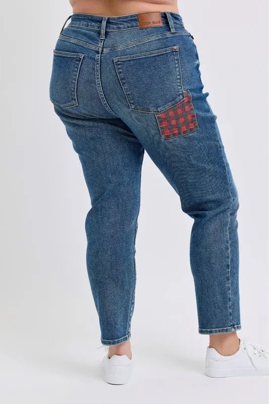 Judy Blue Full Size HW Plaid Patch Slim Fit Jeans Plus Size - Love Salve