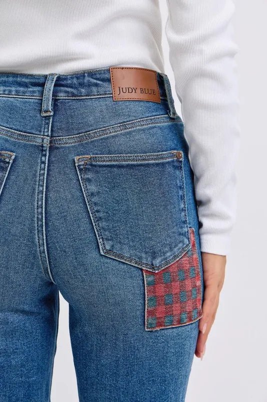 Judy Blue Full Size HW Plaid Patch Slim Fit Jeans Plus Size - Love Salve