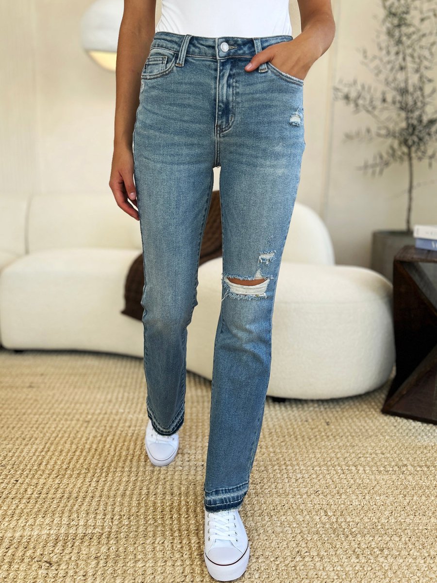 Judy Blue Full Size Mid Rise Destroyed Hem Distressed Jeans - Love Salve