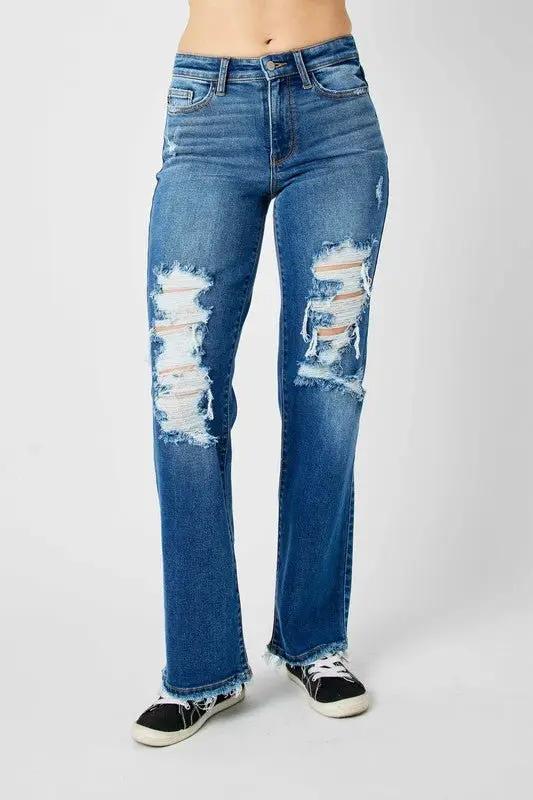 Judy Blue Full Size Mid Rise Distressed Raw Hem Jeans - Love Salve