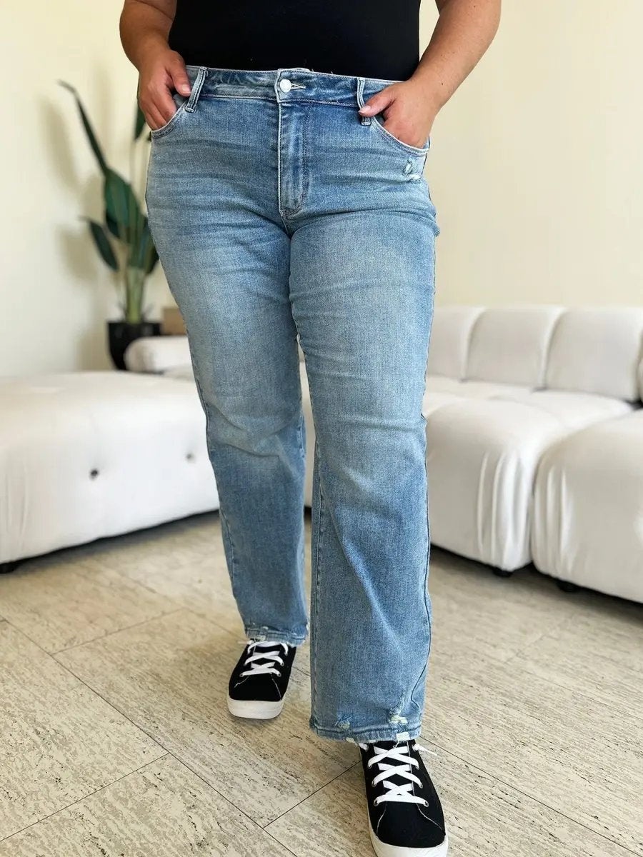 Judy Blue Full Size Mid Rise Distressed Straight Jeans - Love Salve