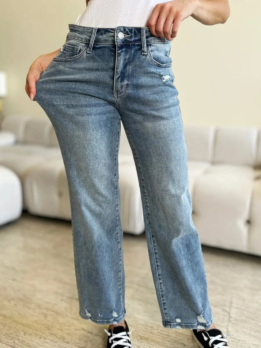 Judy Blue Full Size Mid Rise Distressed Straight Jeans - Love Salve