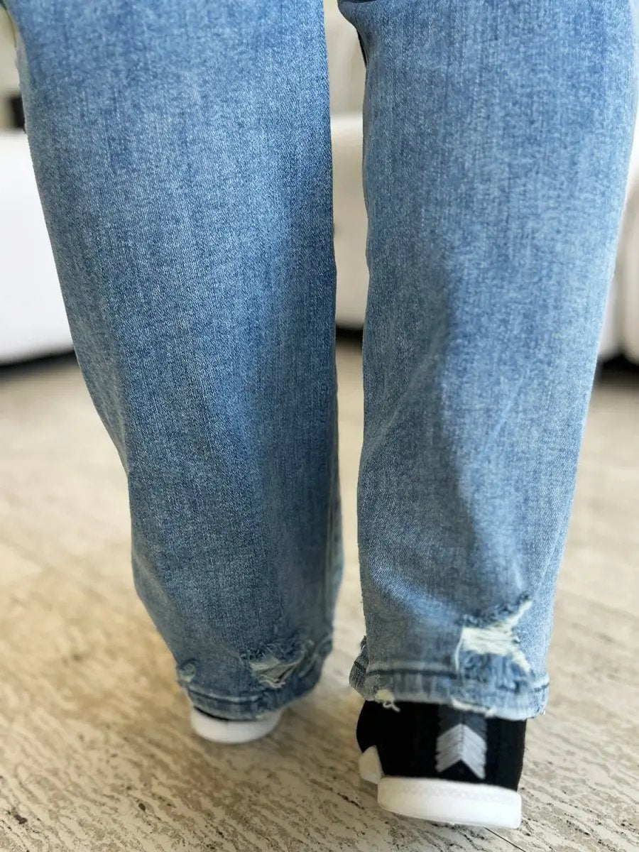 Judy Blue Full Size Mid Rise Distressed Straight Jeans - Love Salve
