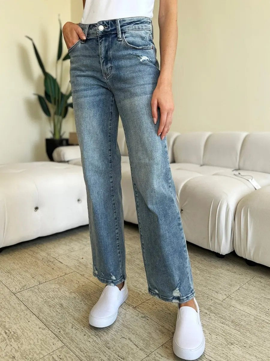 Judy Blue Full Size Mid Rise Distressed Straight Jeans - Love Salve
