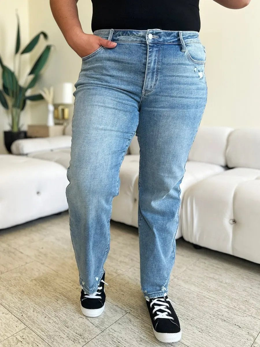 Judy Blue Full Size Mid Rise Distressed Straight Jeans - Love Salve
