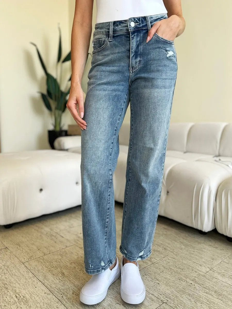 Judy Blue Full Size Mid Rise Distressed Straight Jeans - Love Salve