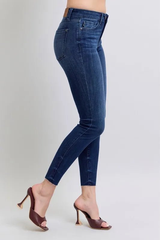 Judy Blue Full Size Mid Rise Skinny Jeans with Raw Hem Plus Size - Love Salve