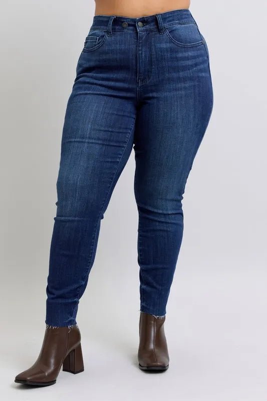 Judy Blue Full Size Mid Rise Skinny Jeans with Raw Hem Plus Size - Love Salve