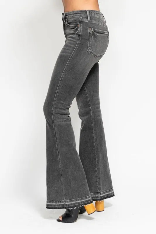 Judy Blue Full Size Mid Rise Tummy Control Washed Gray Flare Jeans Plus Size - Love Salve