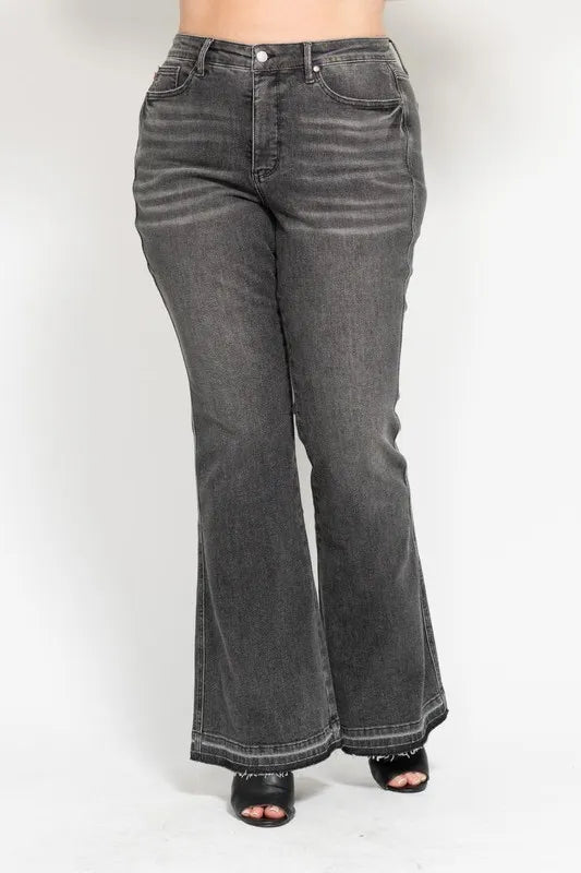 Judy Blue Full Size Mid Rise Tummy Control Washed Gray Flare Jeans Plus Size - Love Salve