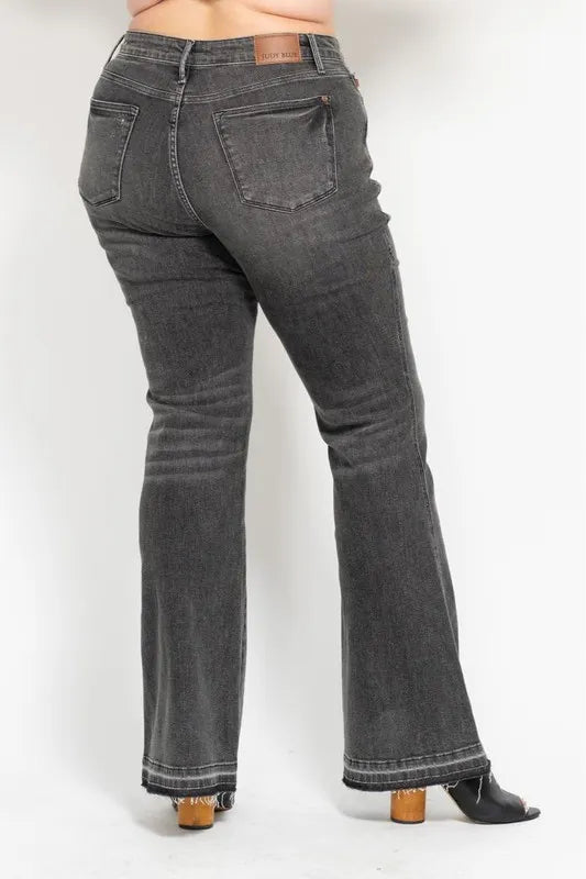 Judy Blue Full Size Mid Rise Tummy Control Washed Gray Flare Jeans Plus Size - Love Salve