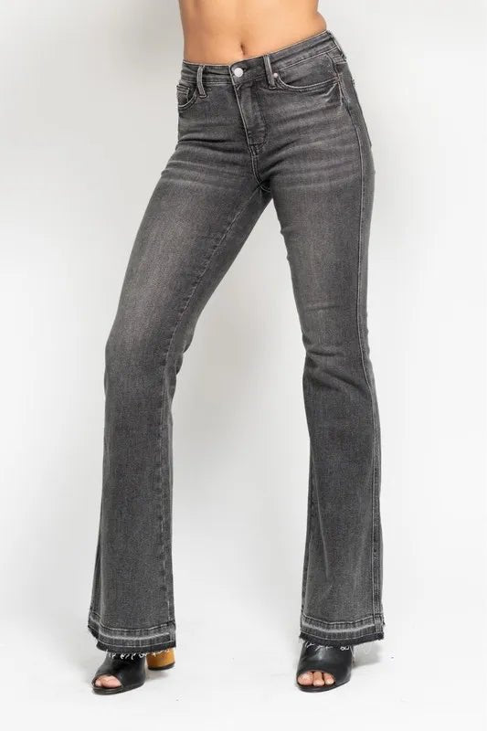 Judy Blue Full Size Mid Rise Tummy Control Washed Gray Flare Jeans Plus Size - Love Salve